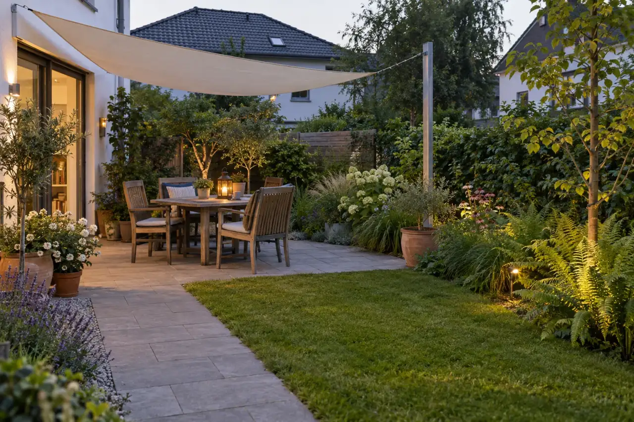 Gesamtszene mit Sonnensegel, Sitzplatz, Pfosten, Pflanzen, Boden, Licht und Weg