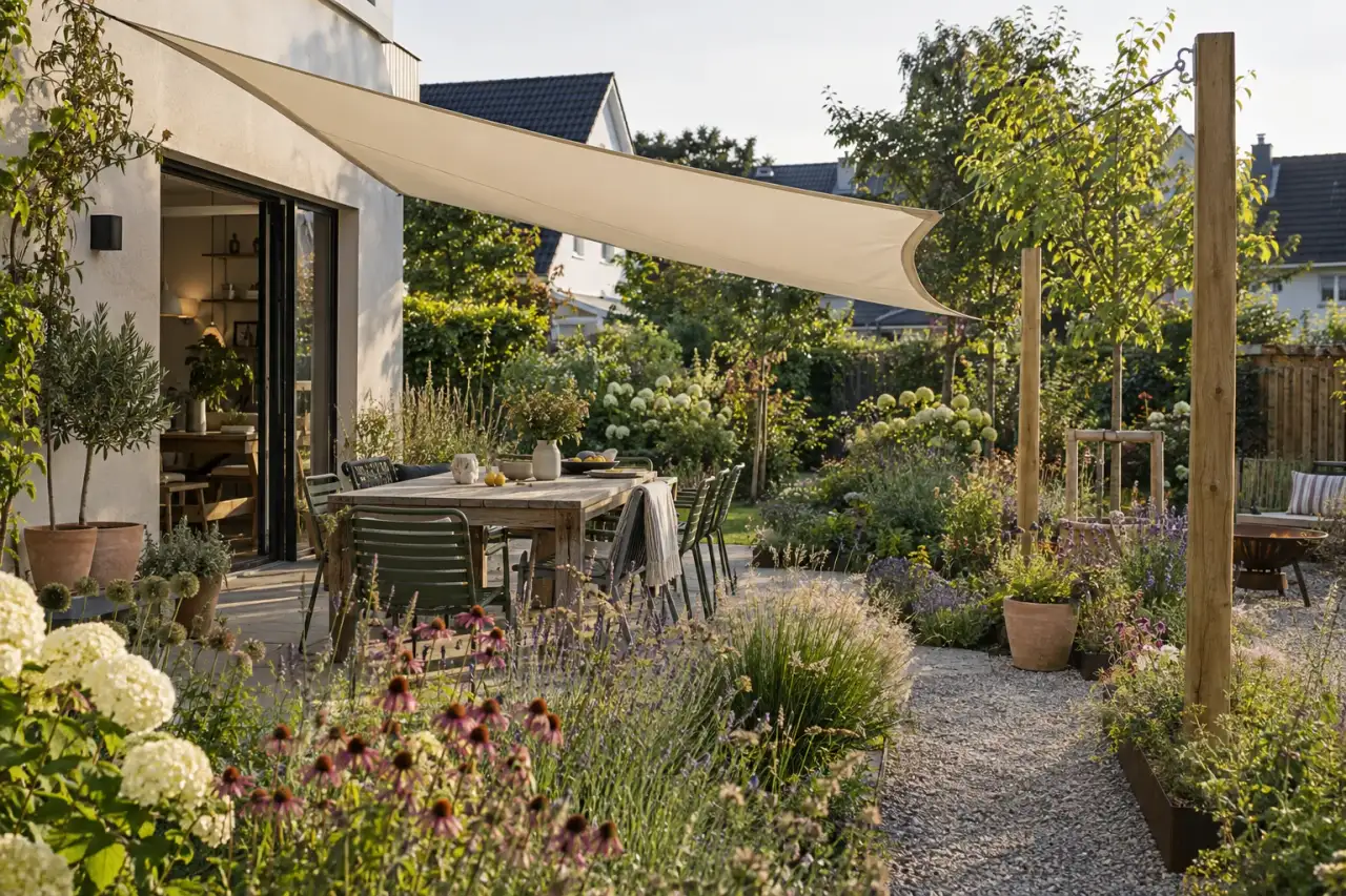 Diagonal gespanntes Sonnensegel mit weicher Kante über langem Gartentisch