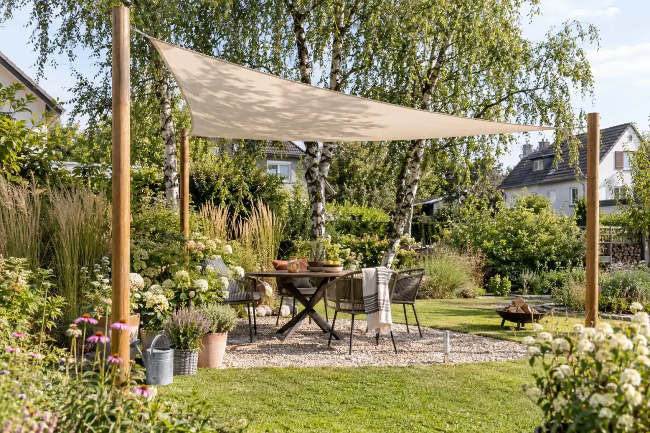 Offener Gartenplatz mit dreieckigem luftigen Sonnensegel und drei Pfosten