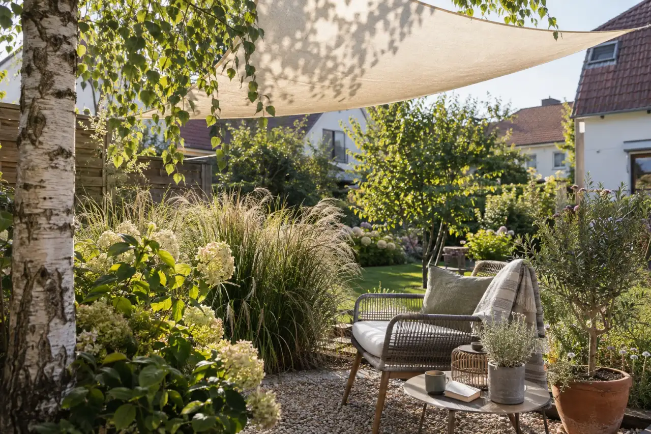 Luftiges Gewebe über Gräsern und einem hellen Gartenstuhl
