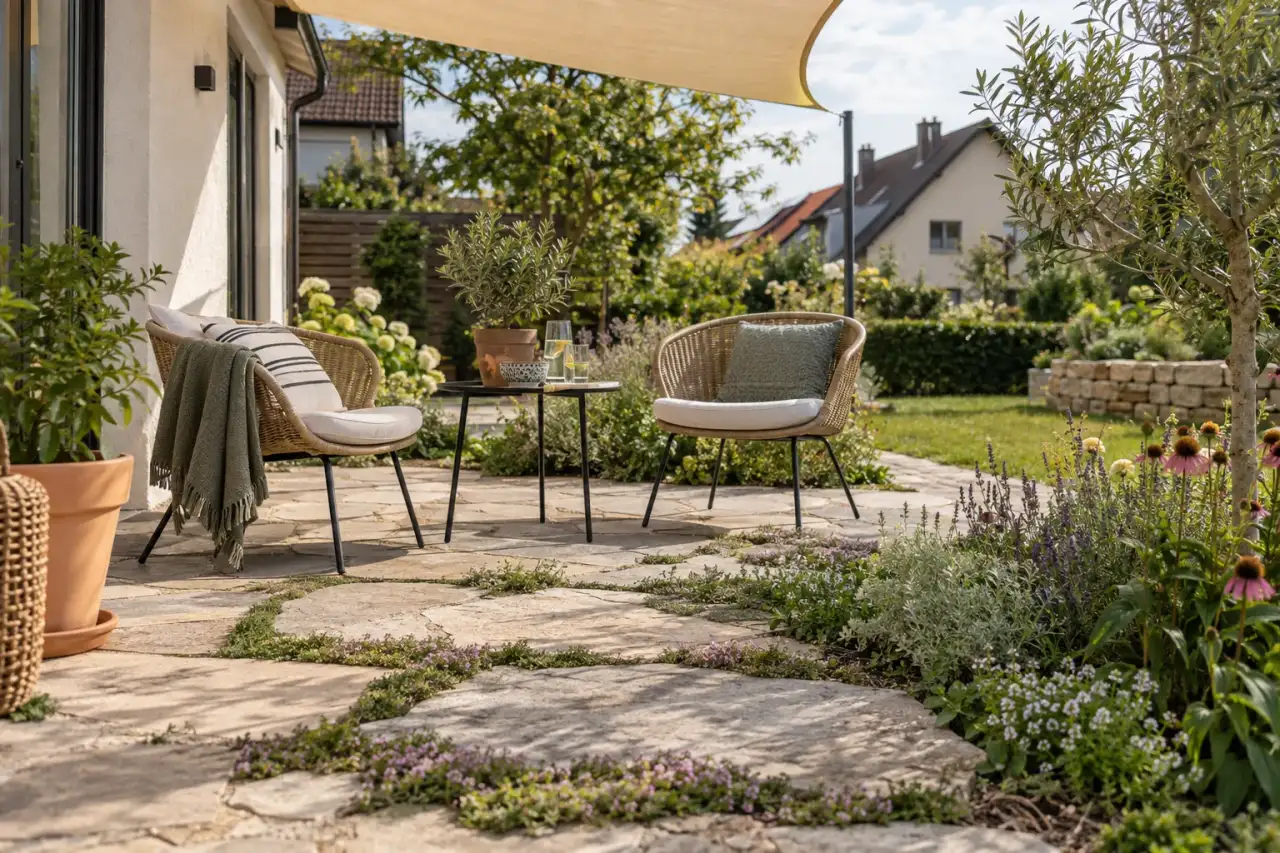 Natursteinterrasse unter dem Rand eines Sonnensegels