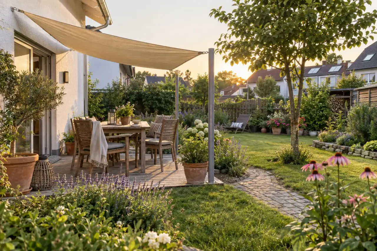 Stimmiger Gartenplatz mit Sonnensegel, Tisch, Pflanzen und freiem Weg