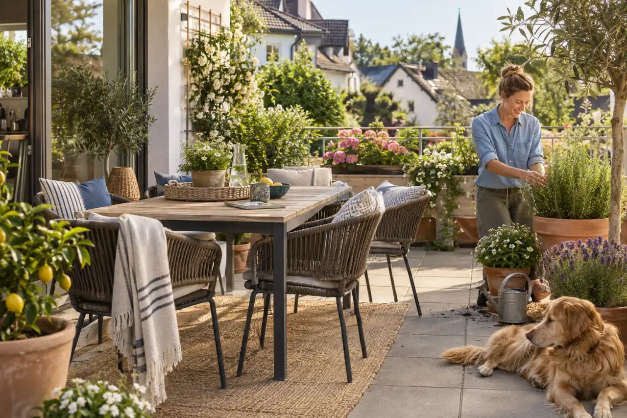 Eine fertige Terrassenecke zeigt eine einheitliche Stilrichtung mit Möbeln und Gefäßen.