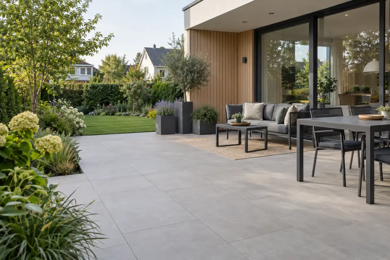 Eine ruhig gestaltete moderne Terrasse mit klaren Wegen, Holzdetails und wenigen Gefäßen.