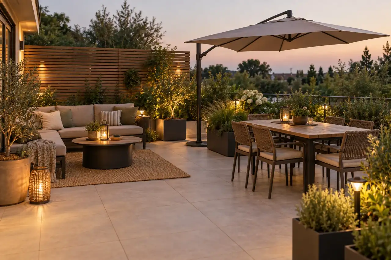 Eine realistische Terrasse zeigt Lounge, Essplatz, Schirm, Seitenschutz, Licht und Gefäße.