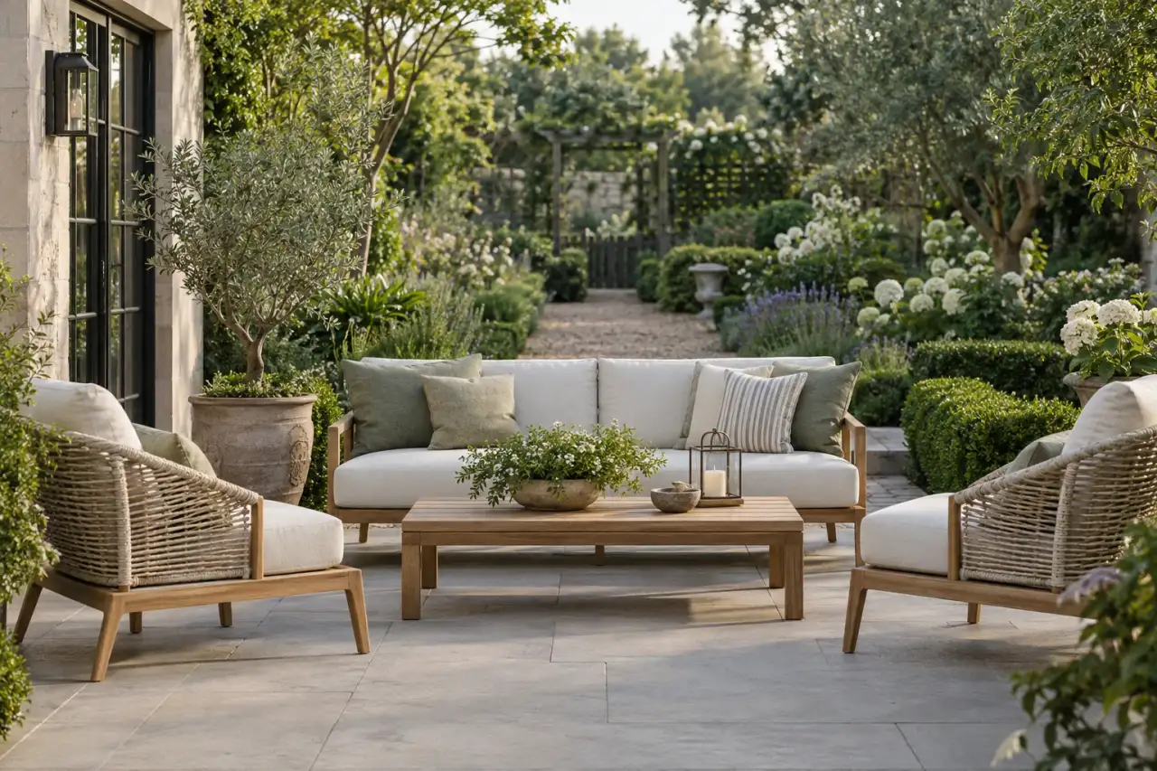 Eine kompakte Lounge definiert eine ruhige Sitzzone mit freiem Gartenweg.