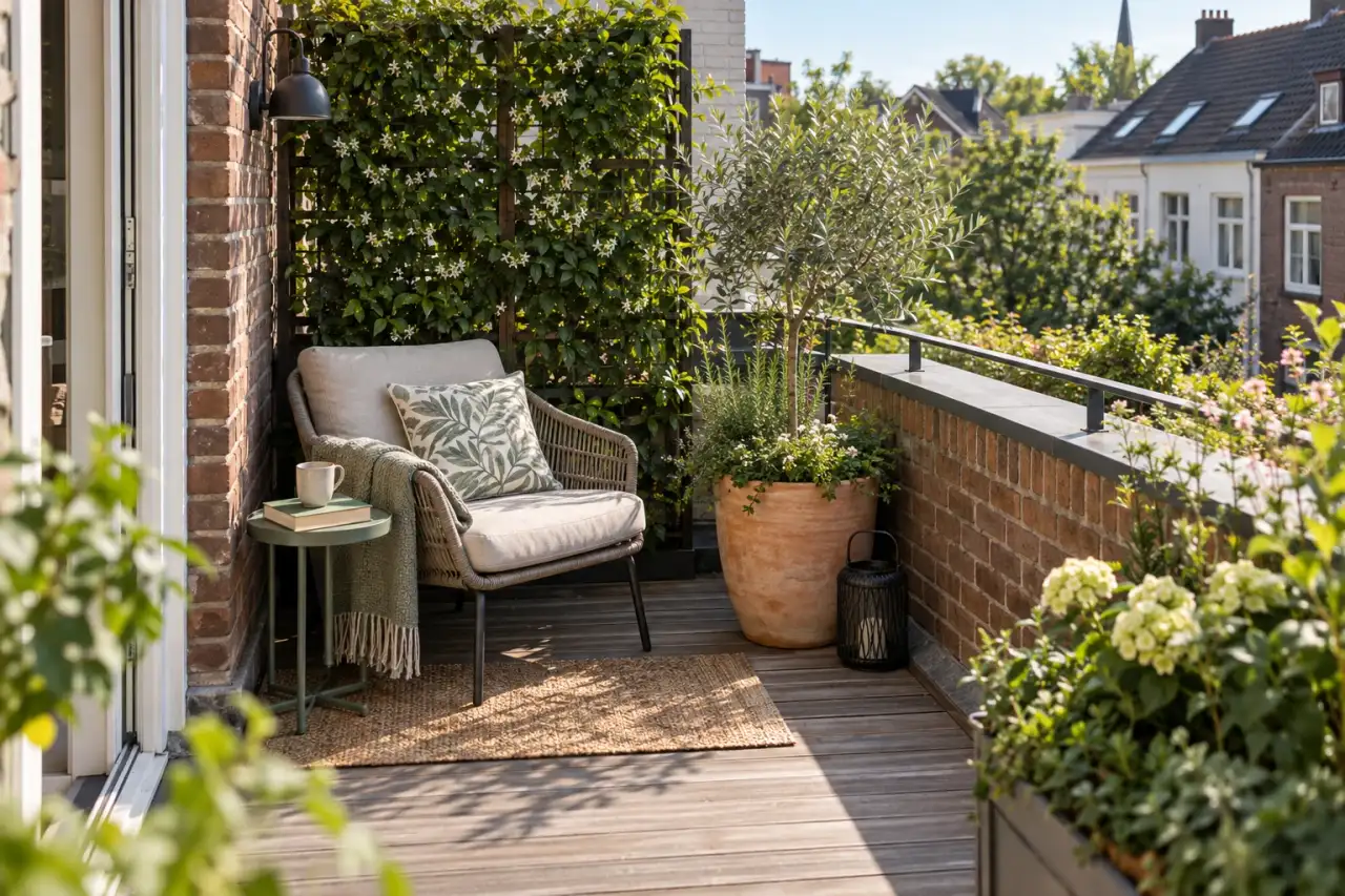 Kleine Stadterrasse als ruhiger Rückzugsort mit Sessel und vertikalem Grün.