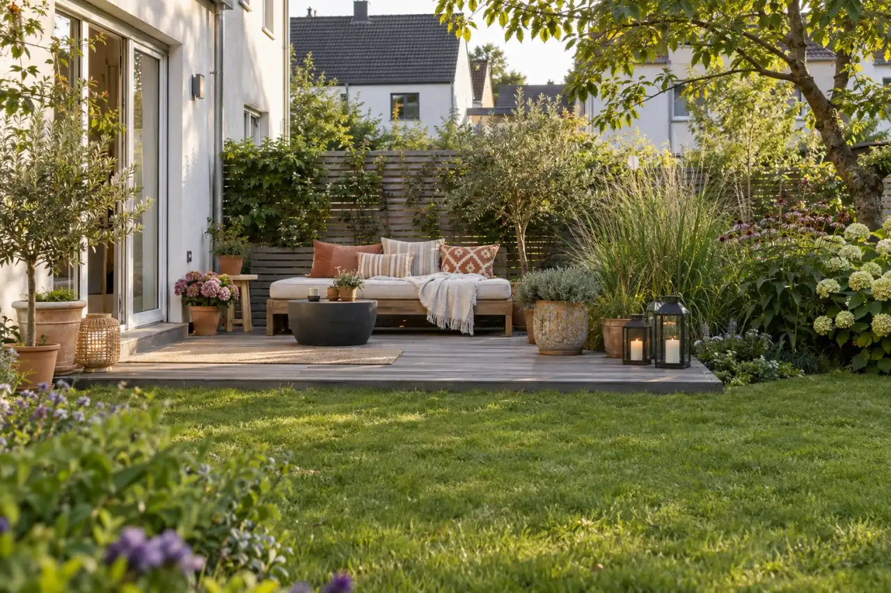 Naturnaher Rückzugsort mit Daybed, lockerer Pflanzung und sanftem Sichtschutz.