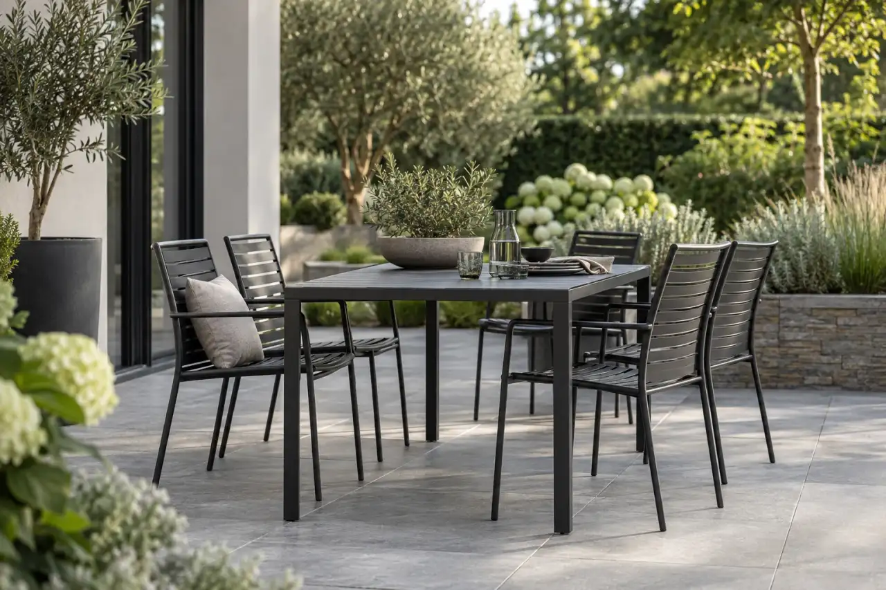 Schlanke anthrazitfarbene Metallmöbel stehen auf einer modernen Terrasse.