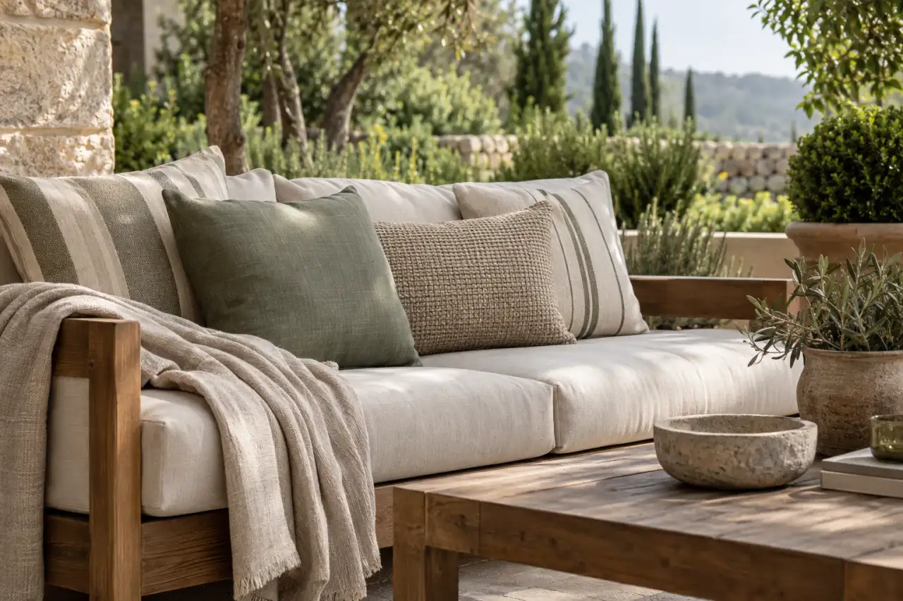 Abgestimmte Outdoor-Textilien machen eine Terrassenlounge wohnlicher.