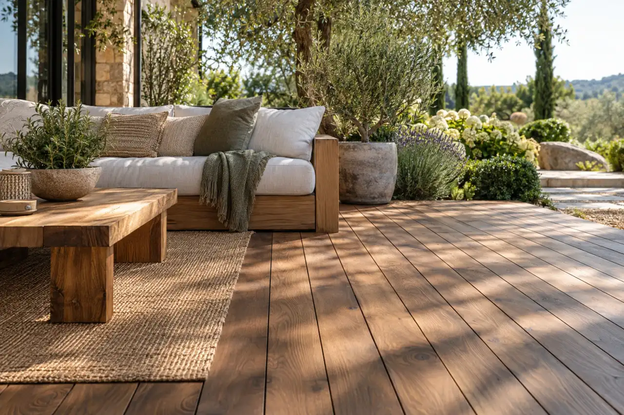 Warmes Terrassenholz verbindet eine Lounge mit dem grünen Garten.