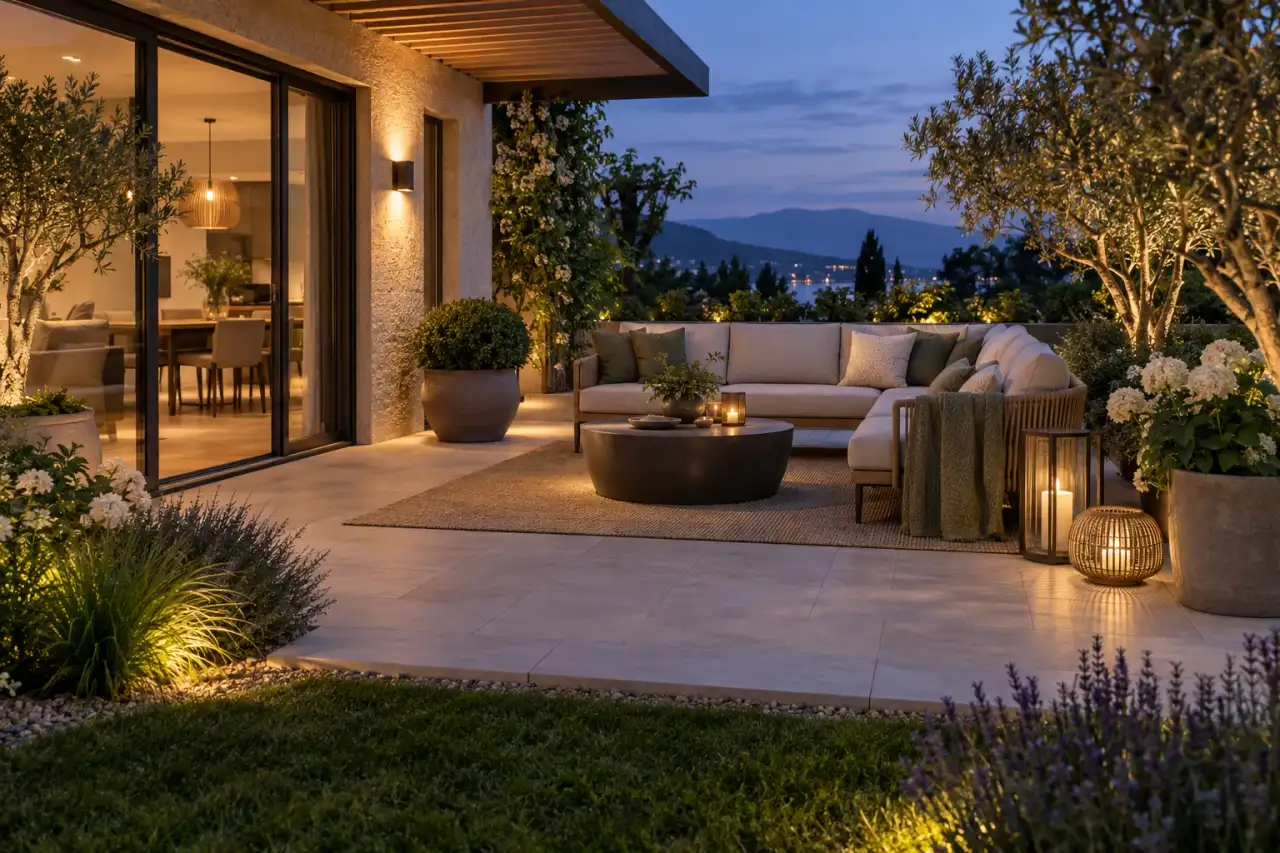 Eine geordnete Terrasse zeigt freie Wege, abgestimmte Materialien und eine warme Abendstimmung.