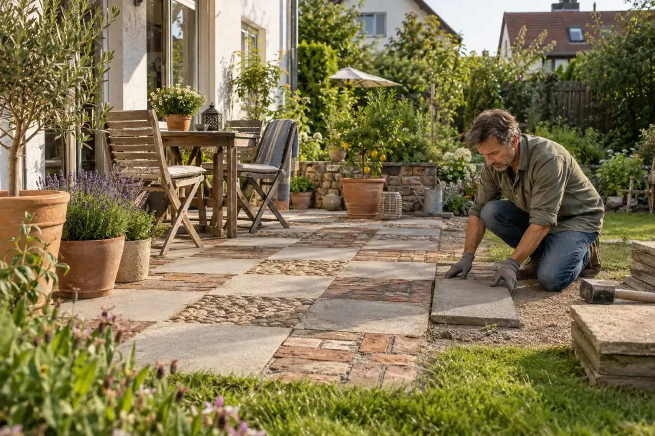 Kreative Weiterverwendung alter Waschbetonplatten neben einer bestehenden Terrasse.
