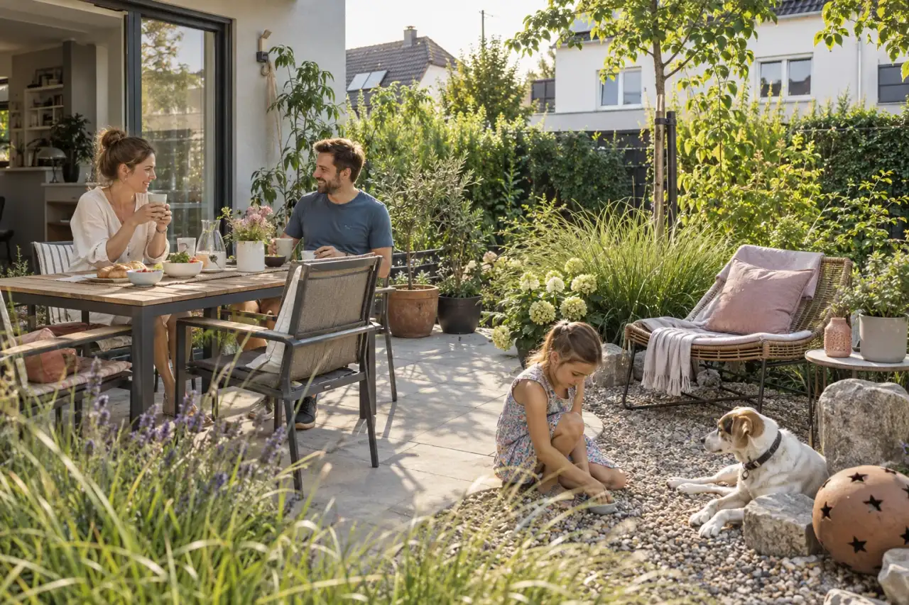 Alltagstaugliche Terrasse mit Essplatz, Sitzecke und verbindenden Pflanzen.