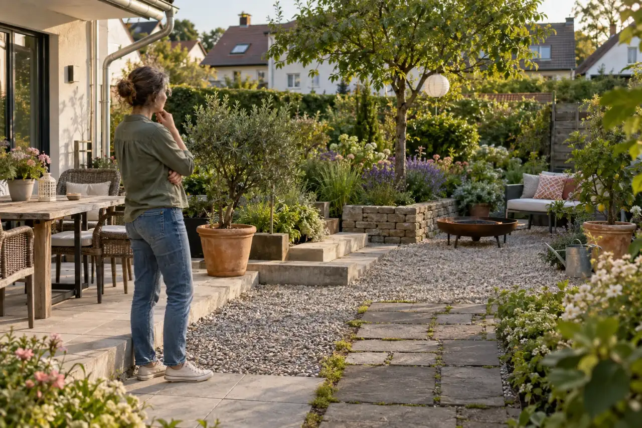 Gartenbesitzer betrachtet unterschiedliche Belagswirkungen im eigenen Garten.
