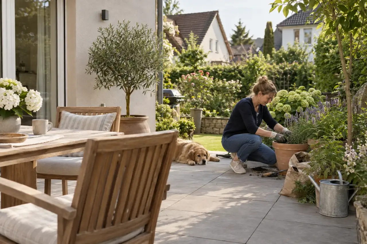 Ruhige wohnliche Terrasse mit großen Platten, Holzstühlen und Kübelpflanze.