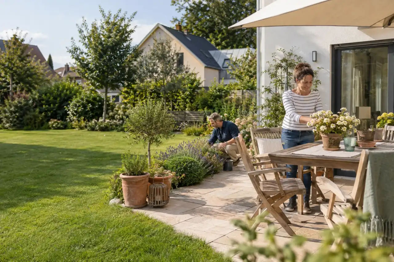 Gestaltete Terrasse mit Steinbelag, Pflanzrand, Rasenübergang und Gartenmöbeln.