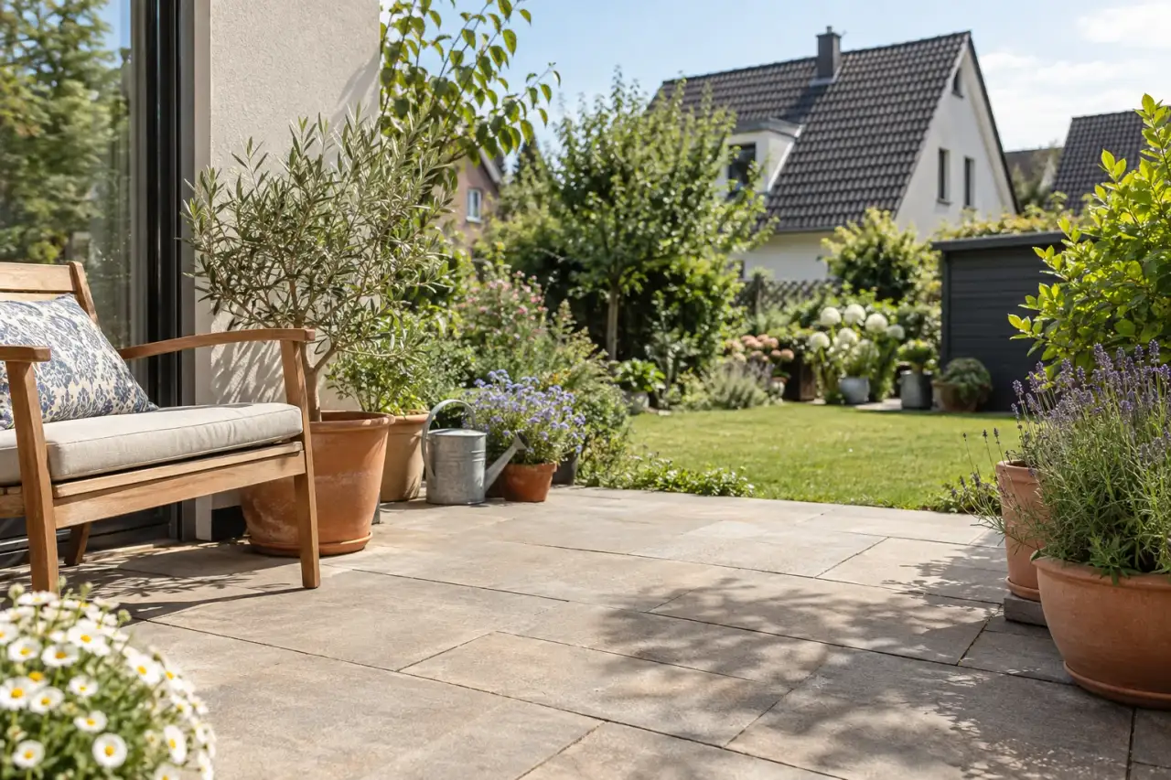 Terrassenbelag als prägendes Hauptelement des Sitzplatzes.
