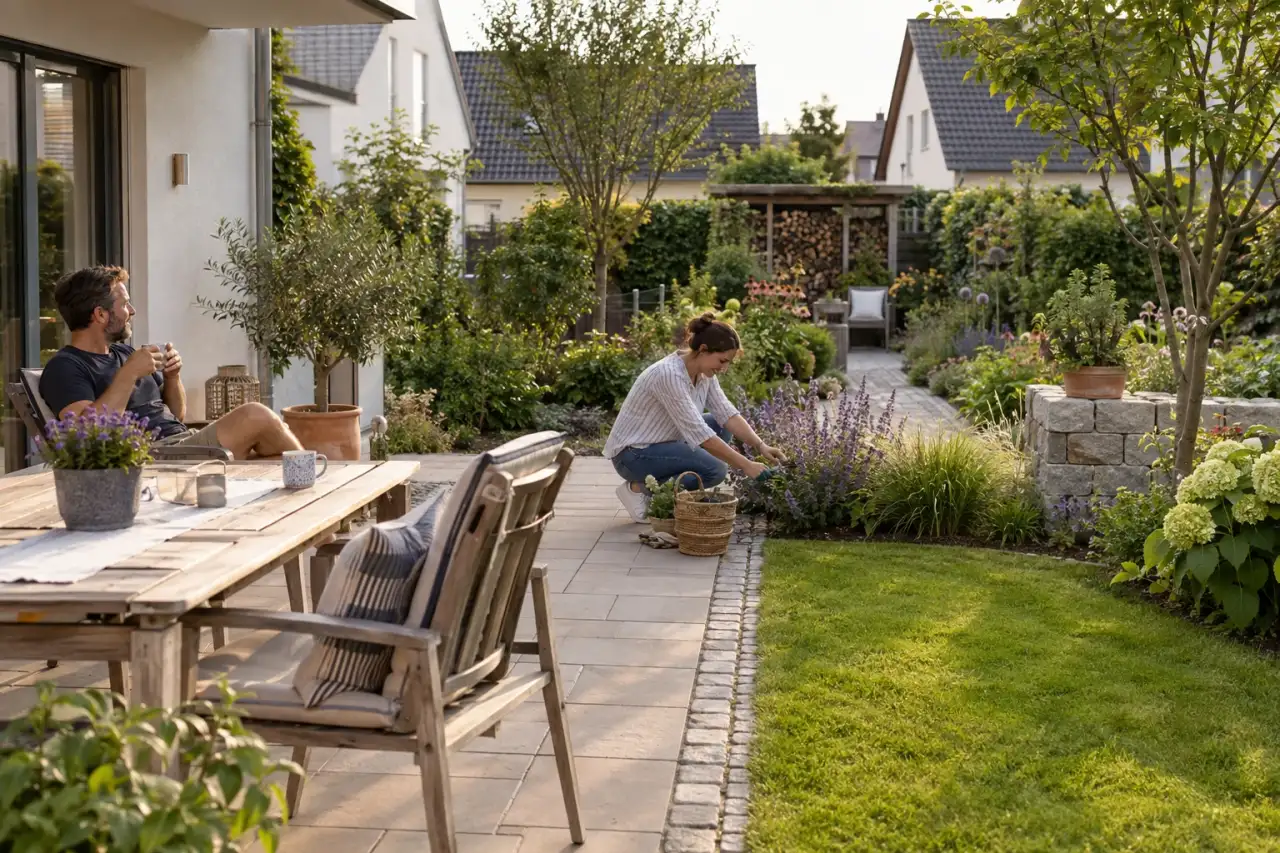 Eine reale Gartenszene mit Belag, Rand, Sitzplatz, Pflanzen, Weg und verbindendem Detail.