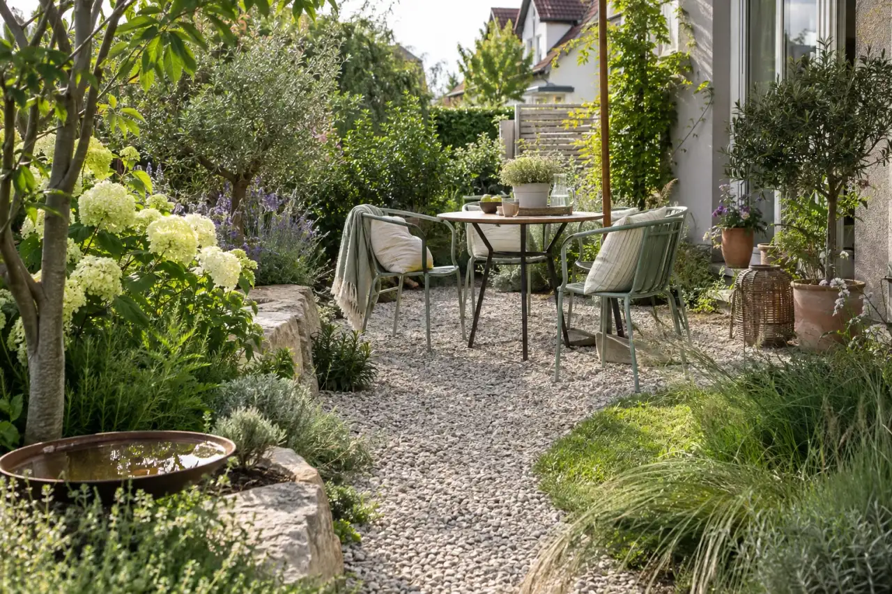 Kiesige natürliche Terrasse mit Kräutern, Gräsern und lockerem Sitzplatz.