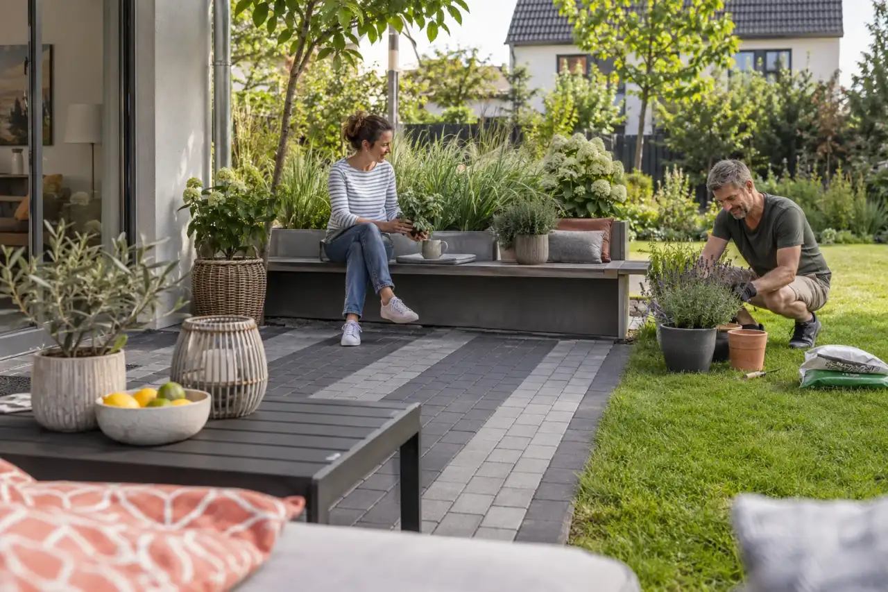 Modern gepflasterte Terrasse mit Bandmuster, Bank und klarer Kante.