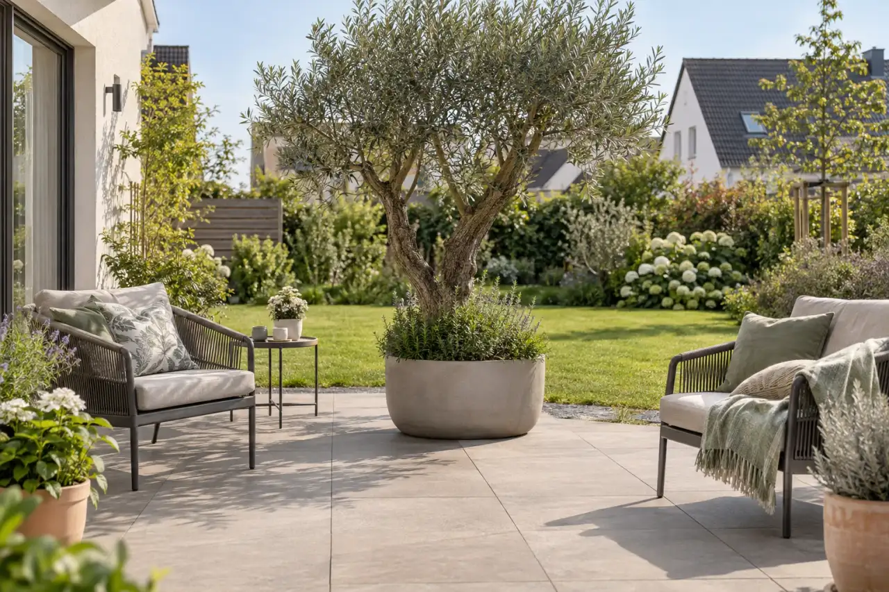 Ruhige Terrasse mit großen Platten, Solitärpflanze und offenem Rasenblick.