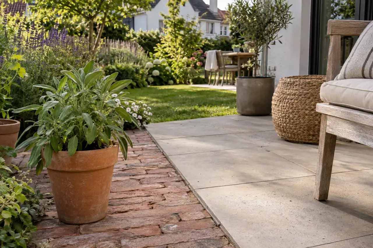 Klinkerstreifen neben hellen Terrassenplatten mit Salbeikübel.