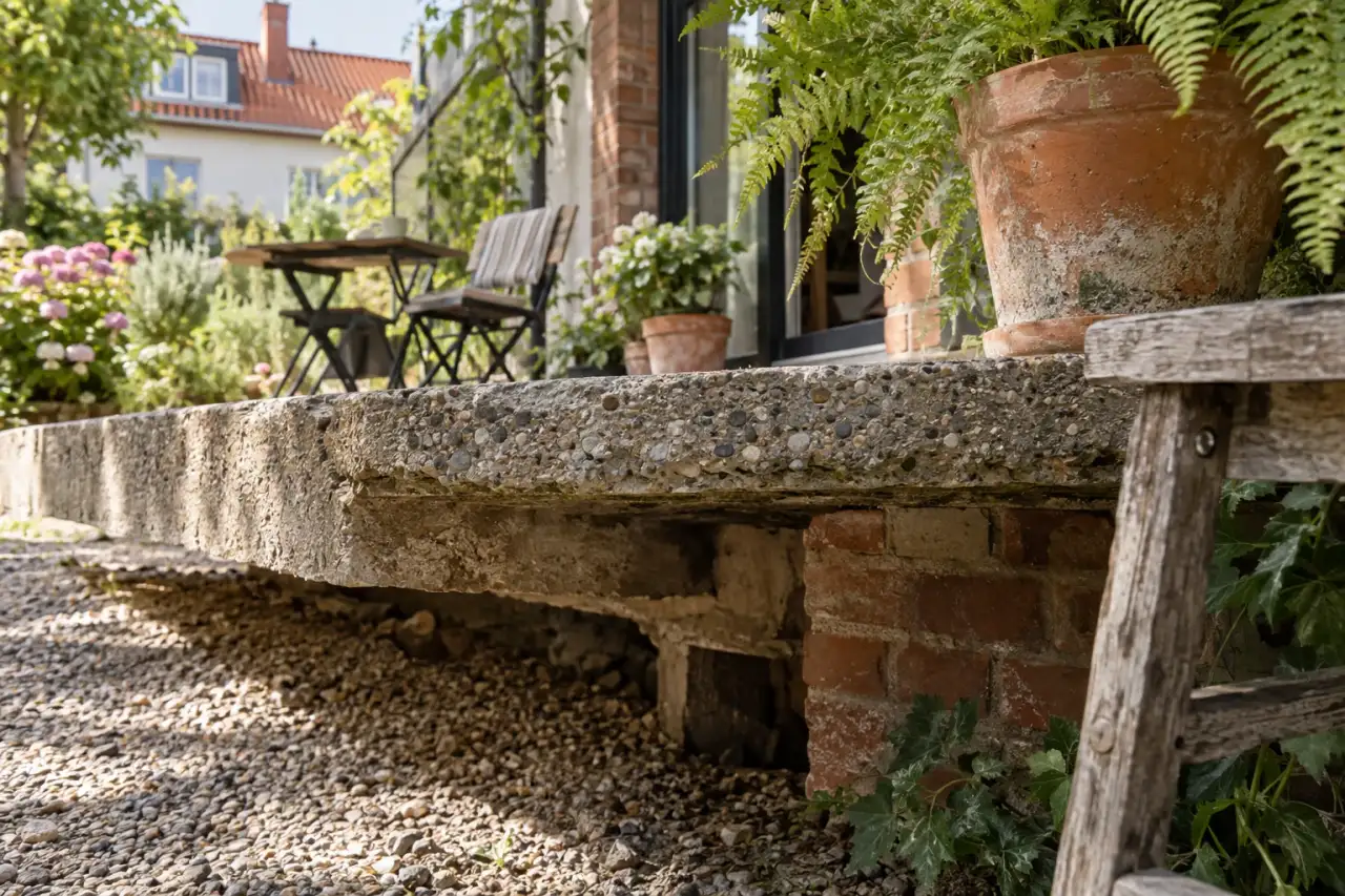 Gewendete Waschbetonplatte mit Klinker, Farn und altem Holzstuhl.