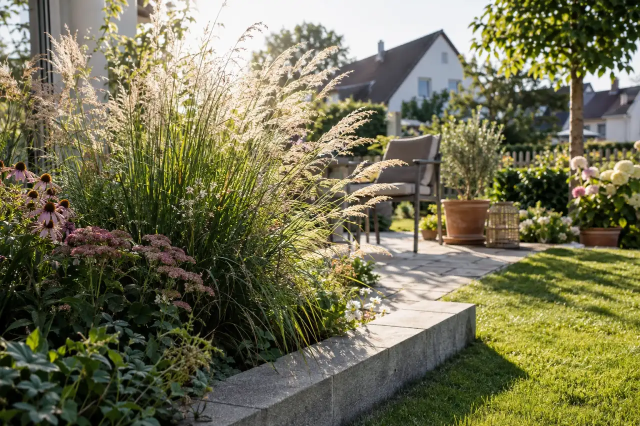 Luftiges Ziergras neben einer geraden Terrassenkante.