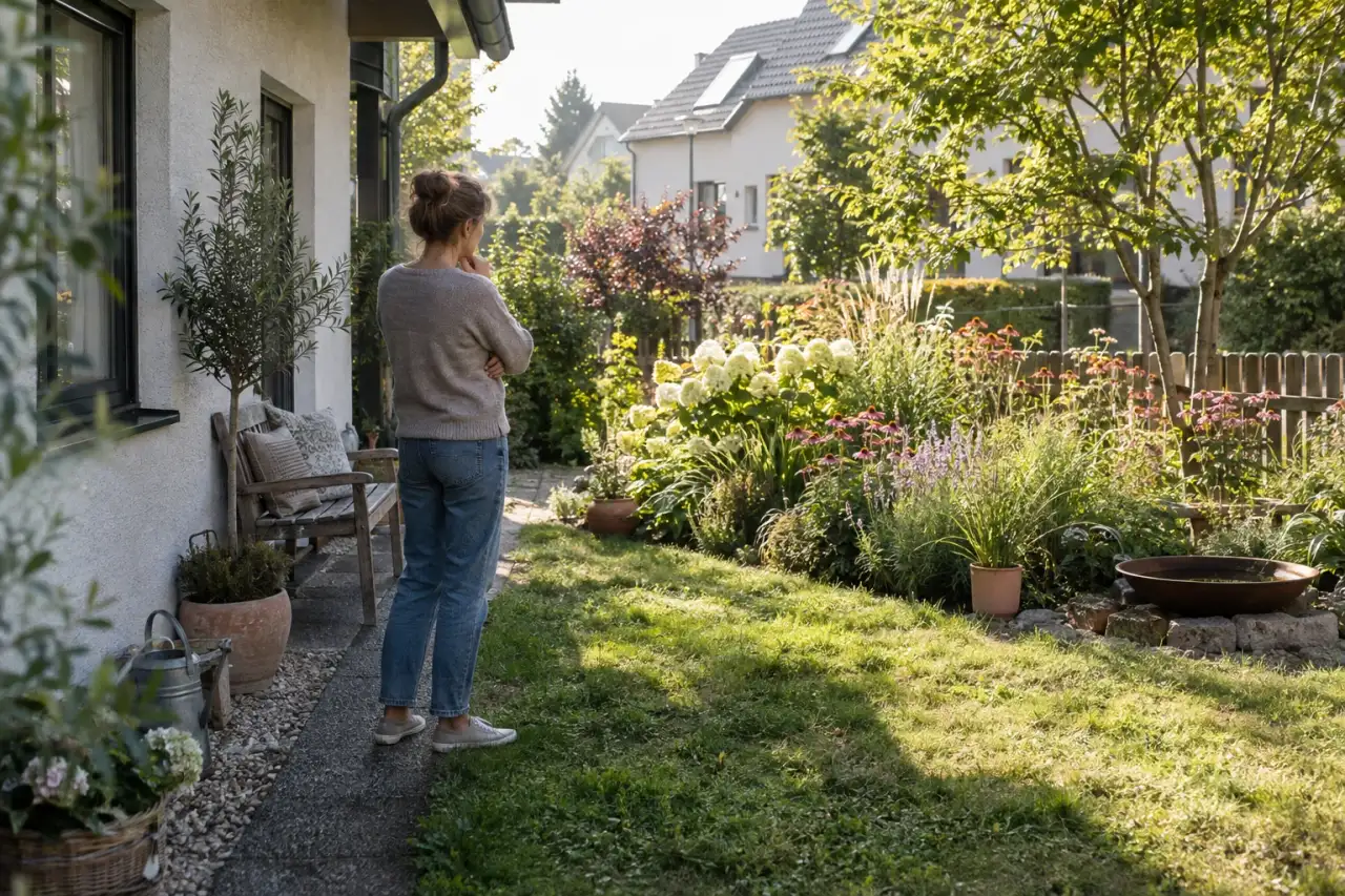 Ein Gartenbesitzer vergleicht Lichtlagen im Vorgarten.
