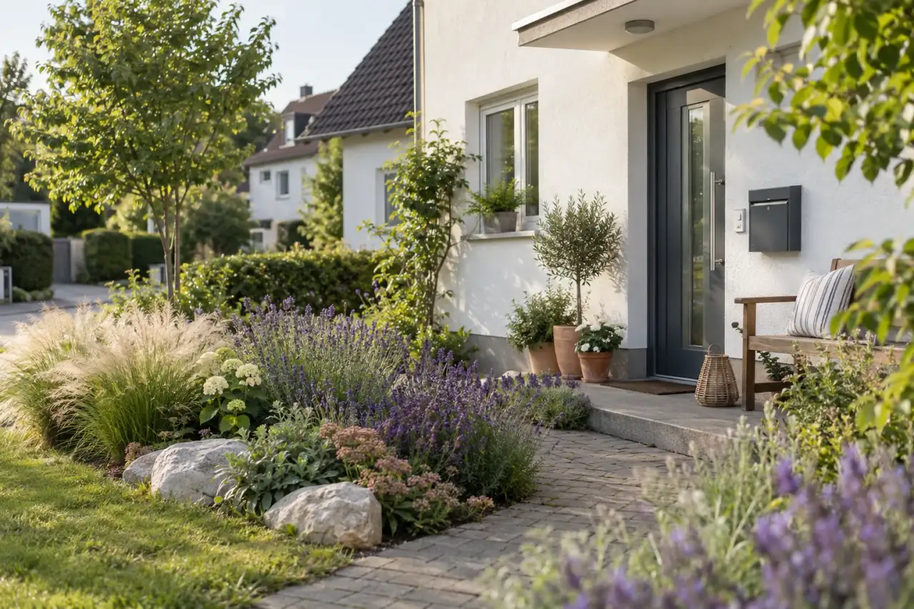 Ein einladender Vorgarten mit Gräsern, Lavendel und ruhigem Hauseingang.