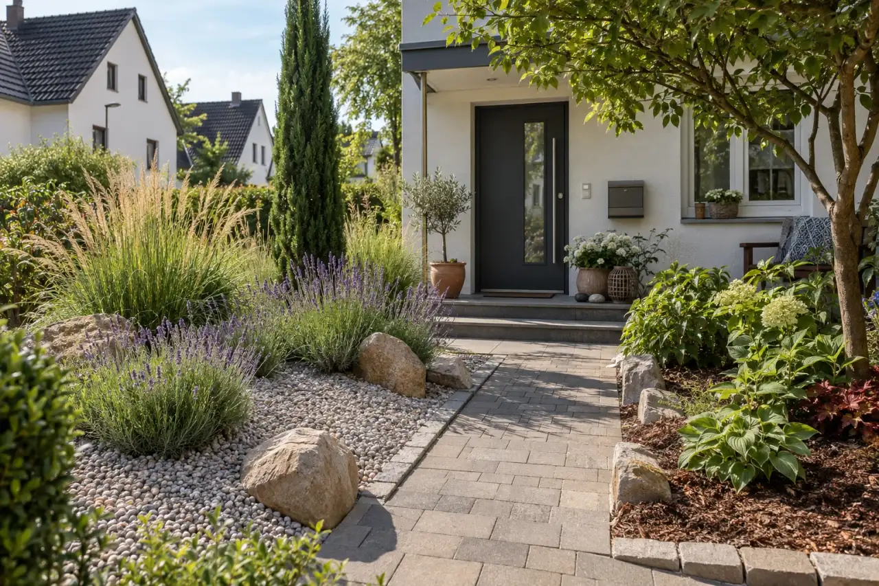 Ein Vorgarten zeigt Gräser, Lavendel, Konifere, Kies, Steine und Rindenmulch.