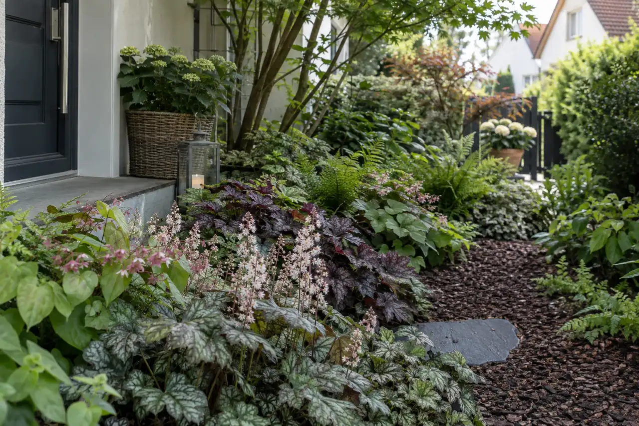 Ruhiger Schatteneingang mit Blattschmuck und Rindenmulch.