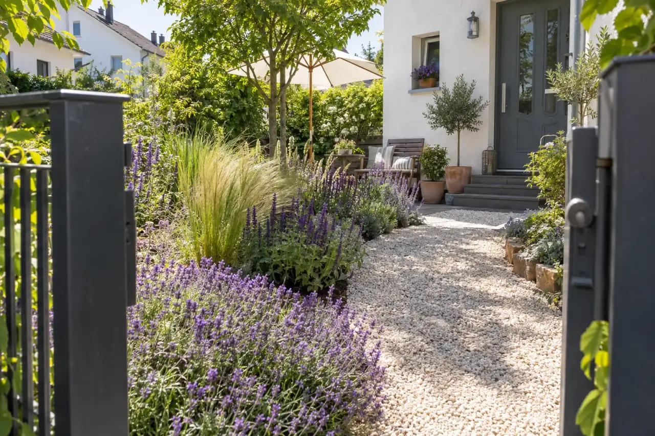 Sonniger Vorgarten mit Lavendel, Salbei und Kies.