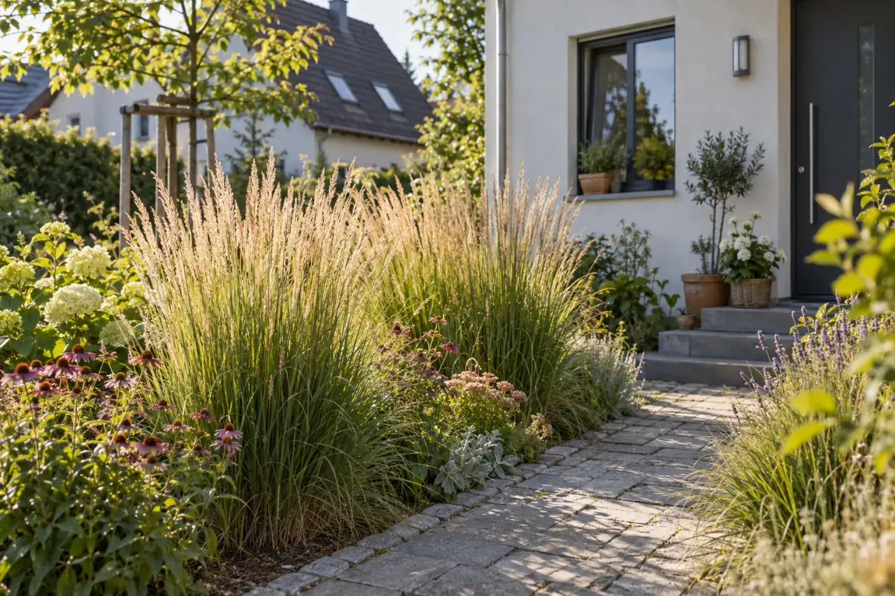 Berg-Reitgras bewegt sich neben einem sonnigen Gartenweg.