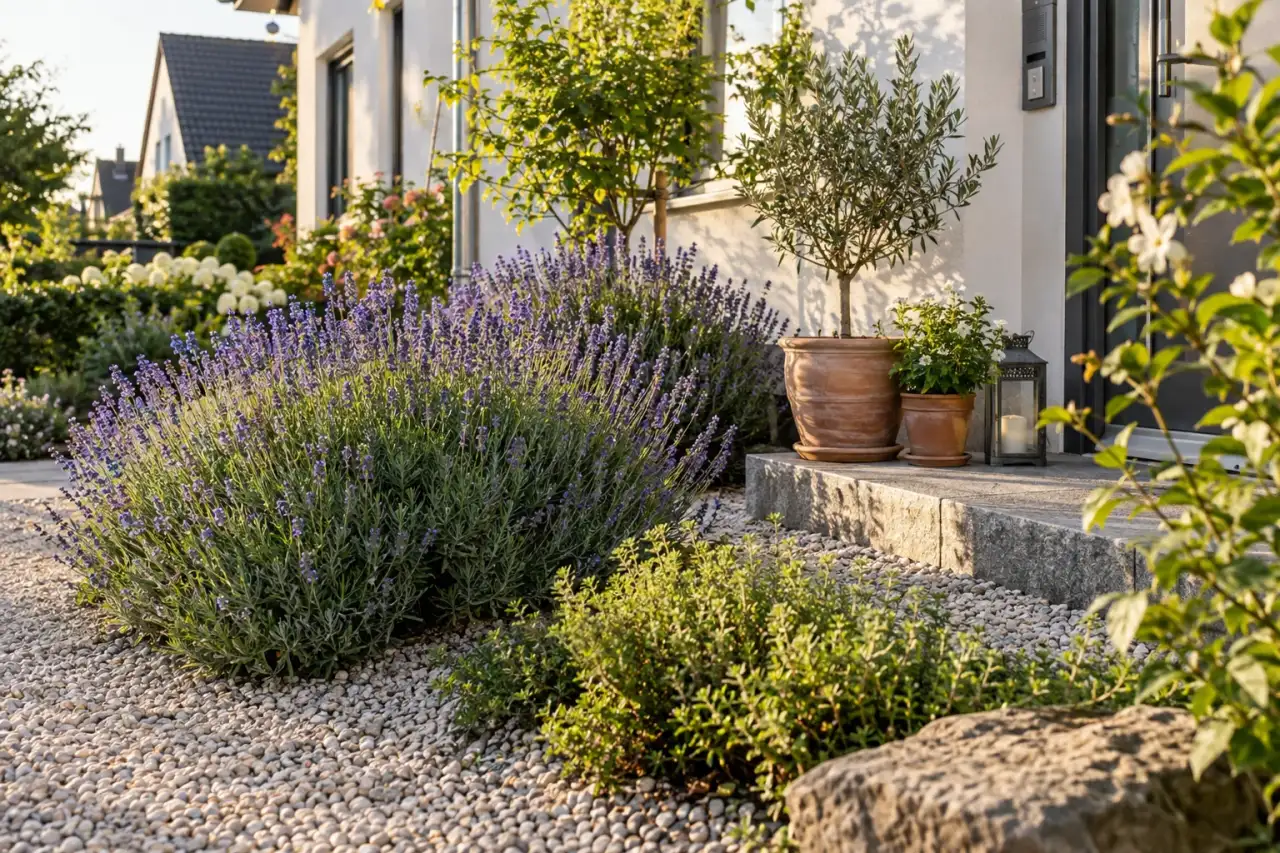 Lavendel säumt einen sonnigen Hauseingang.