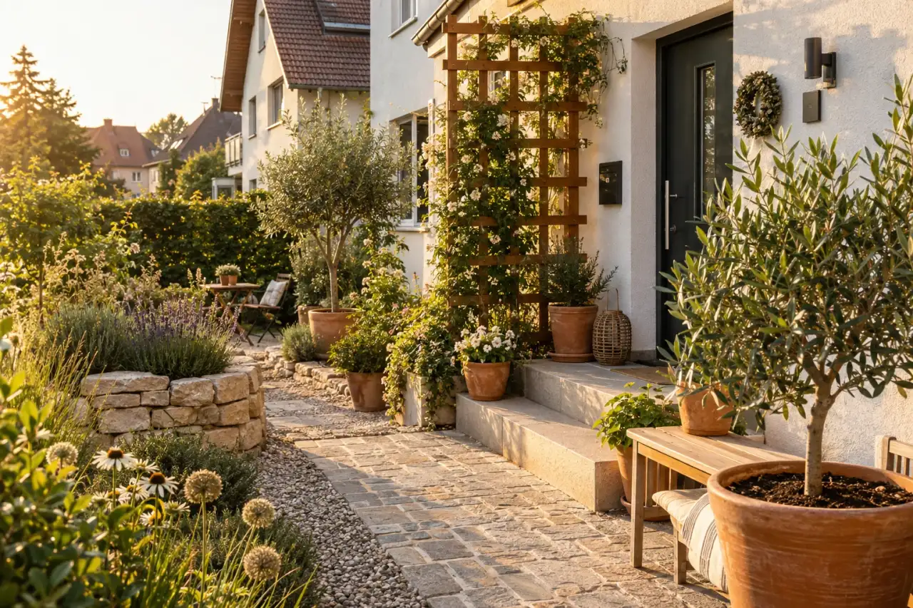 Terrakotta, heller Stein und ein Rankelement wärmen den Hauseingang im deutschen Vorgarten.