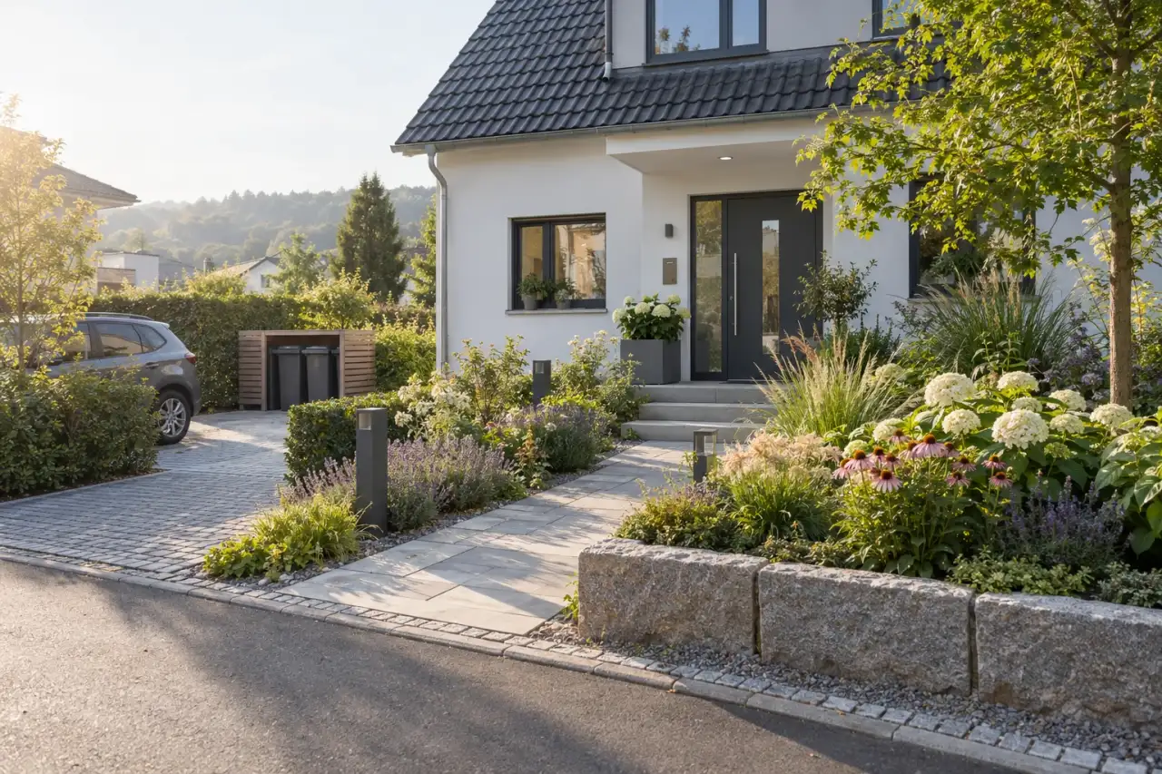 Ein begrünter Vorgarten verbindet Haustür, Stellplatz und Abstellflächen auf kurzen Wegen.