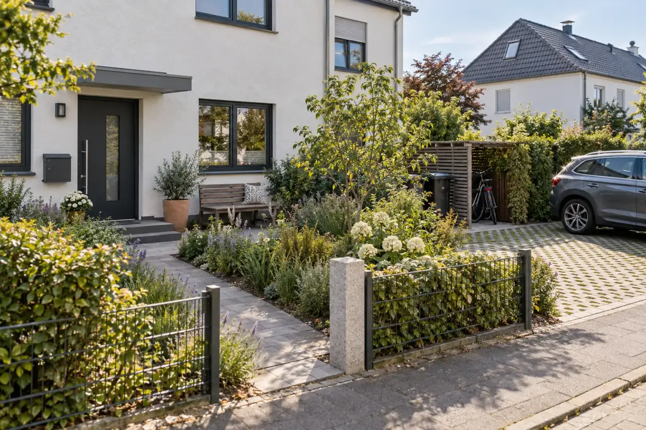 Eine Gartenszene zeigt Weg, Pflanzfläche, Stellplatz, Abstellplatz, Abgrenzung und Sitzakzent gemeinsam.