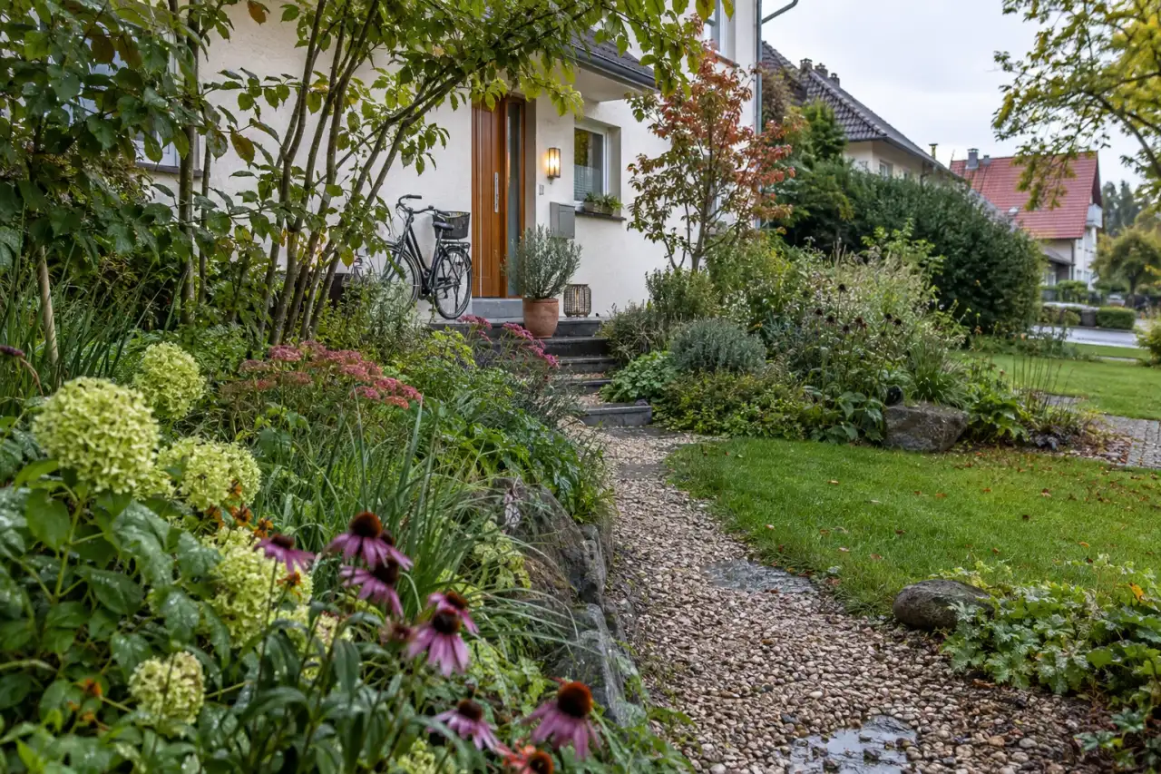Ein naturnaher Vorgarten nutzt eine große Pflanzfläche, einen lockeren Weg und eine kleine Rasenöffnung.