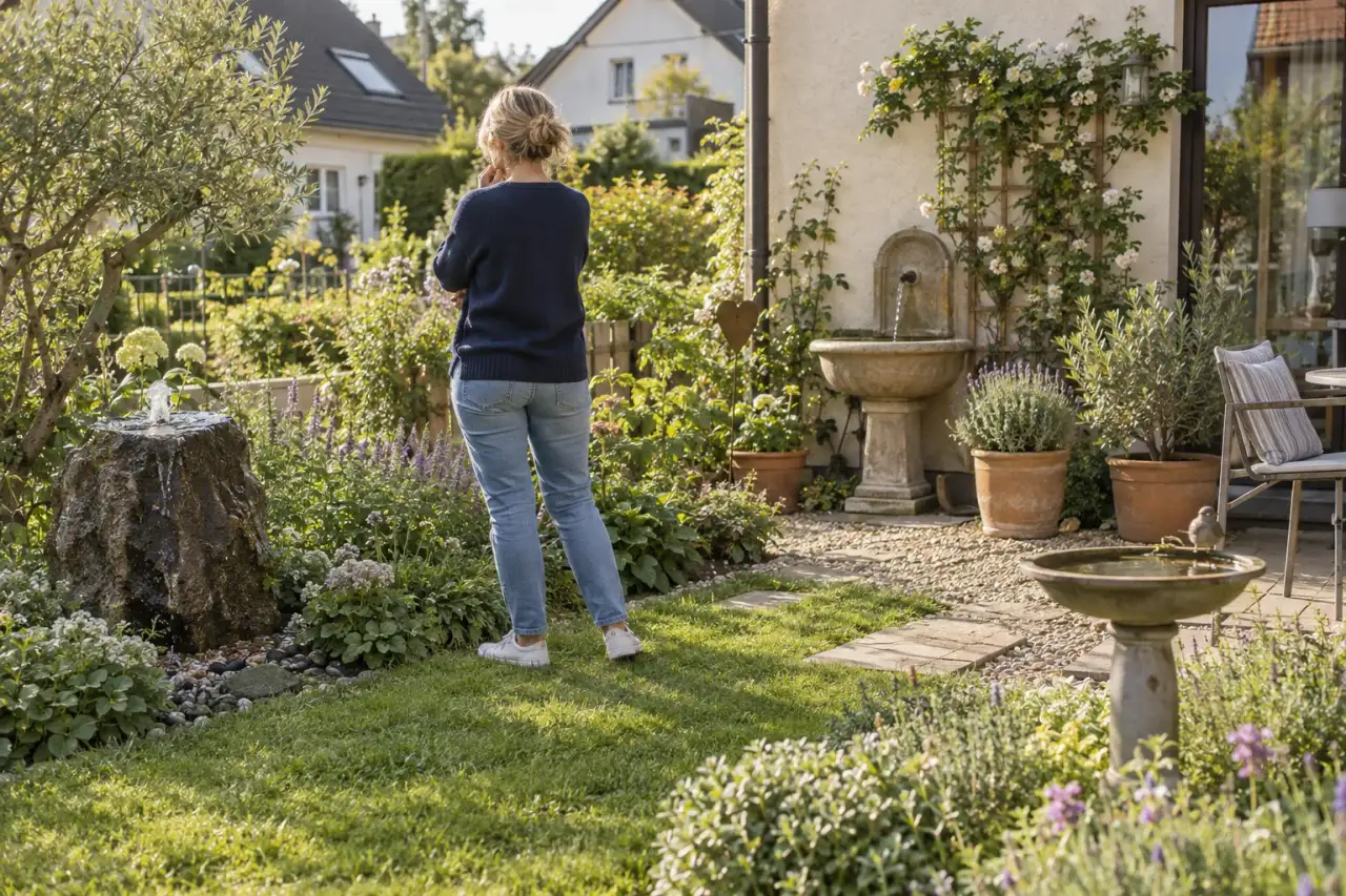 Gartenbesitzer betrachtet unterschiedliche Wasserideen im eigenen Garten.