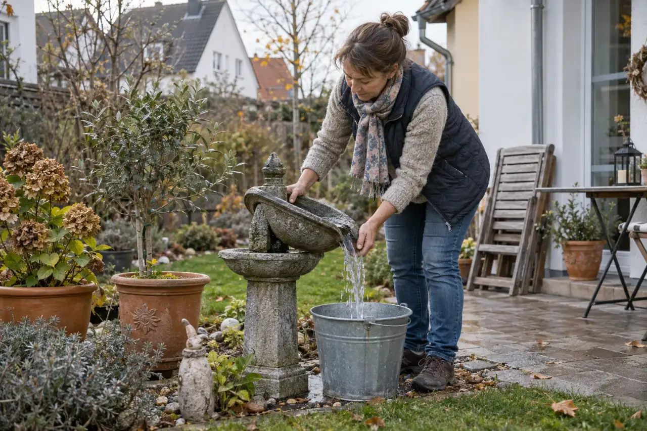 Kleiner Brunnen wird vor der Winterpause im Garten entleert.