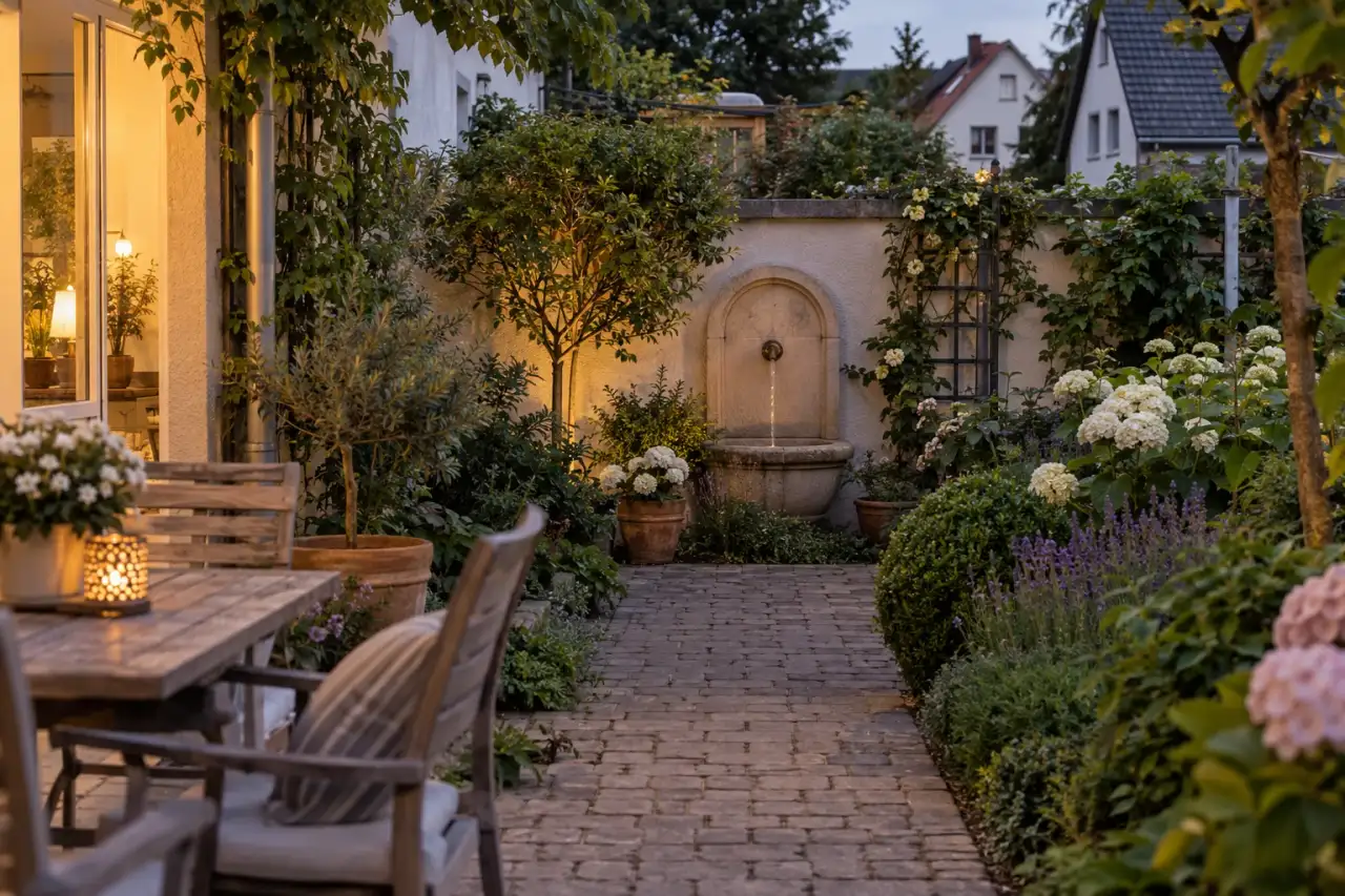 Brunnen als klarer Blickpunkt am Abend.