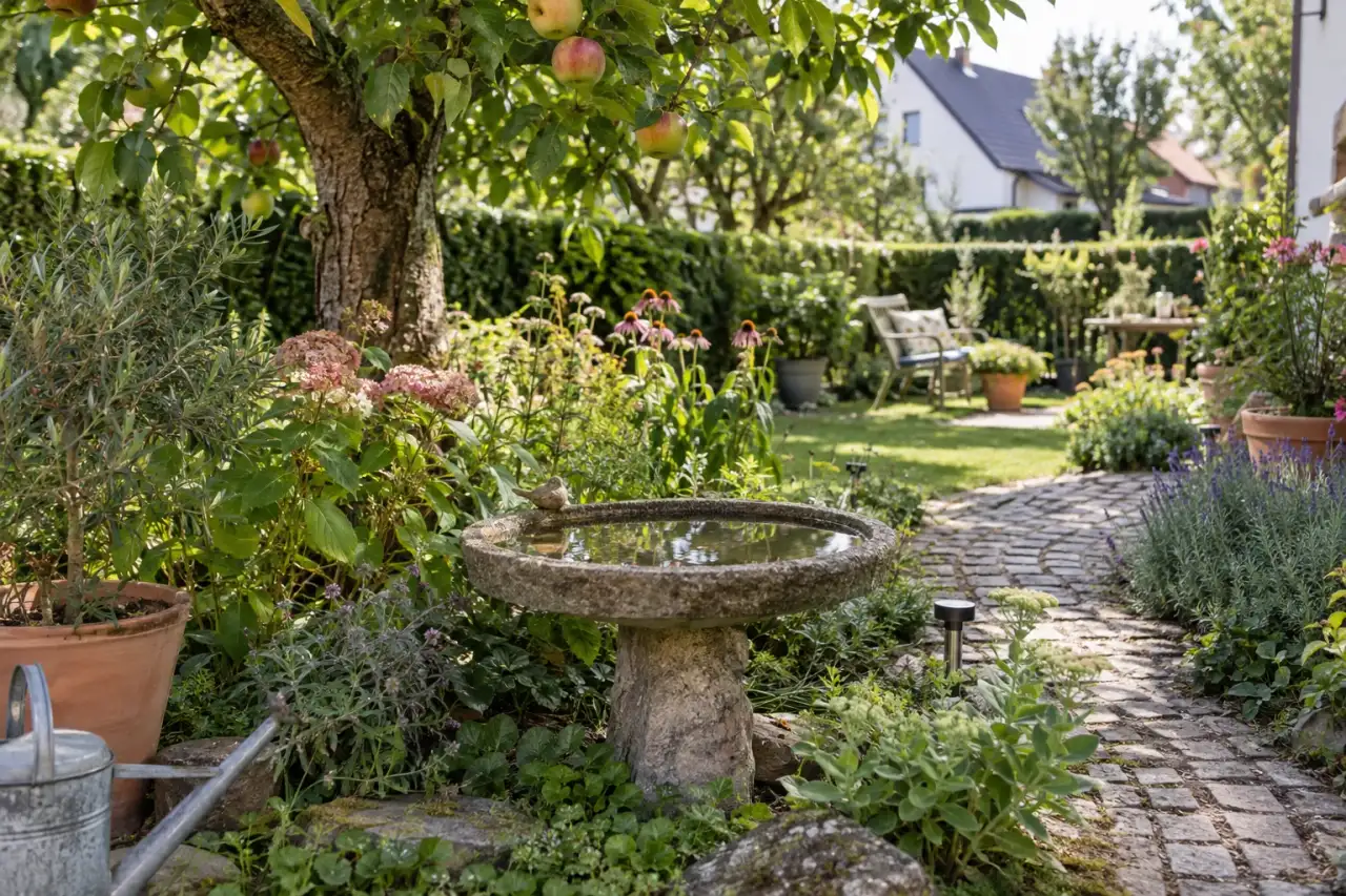Vogeltränke als stilles Detail an einem Gartenweg.