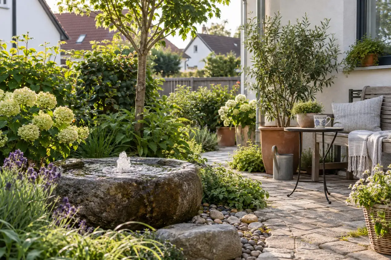 Kleiner Quellstein als ruhiger Hintergrund am Sitzplatz.