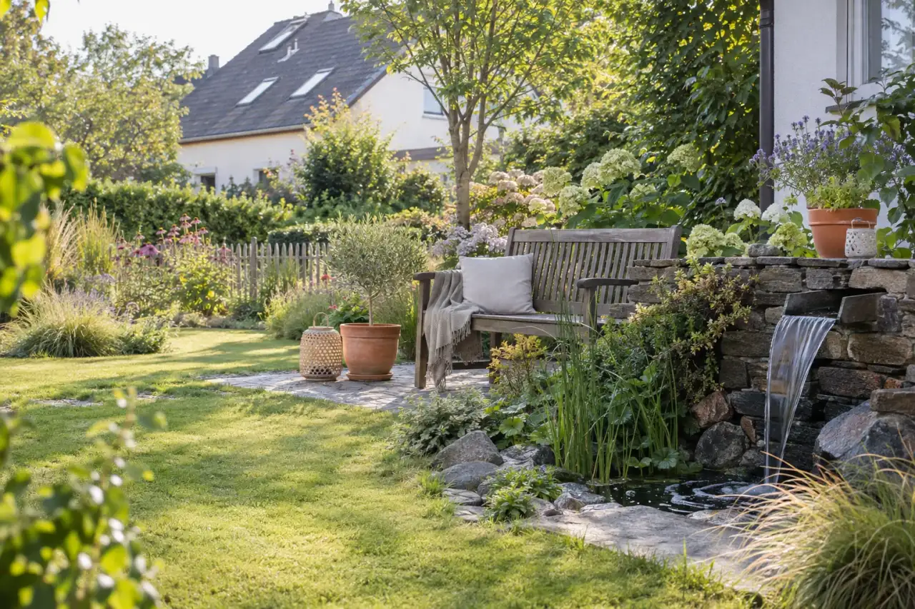 Naturnaher Quellstein neben einer Bank in einem kleinen deutschen Garten.