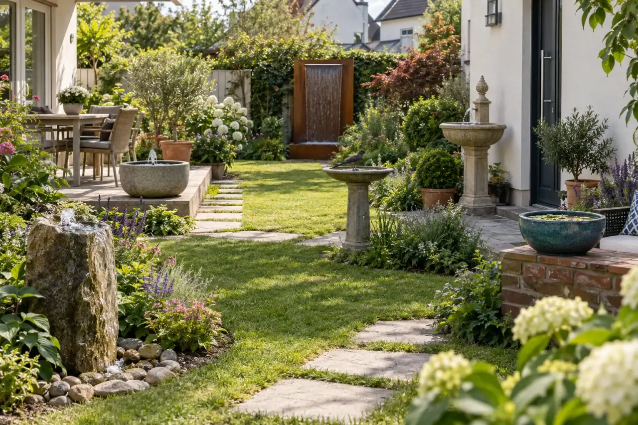 Ein Hausgarten mit sechs unterschiedlich gestalteten Wasserstellen.