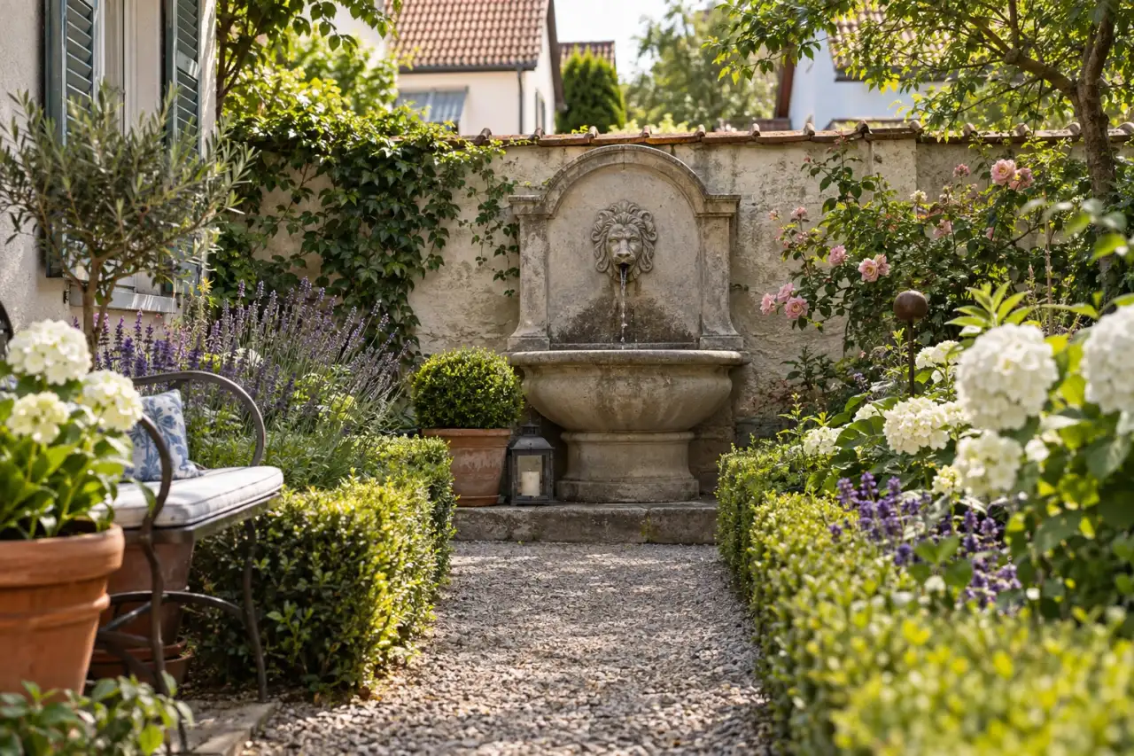 Prägender klassischer Gartenbrunnen am Ende eines Weges.