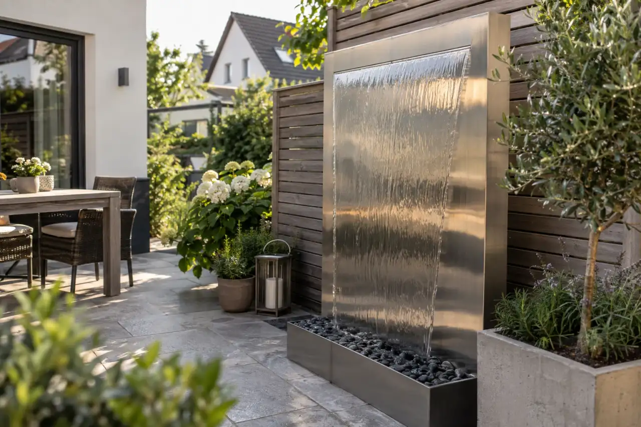 Schmale Metall-Wasserwand in einem modernen Innenhof.