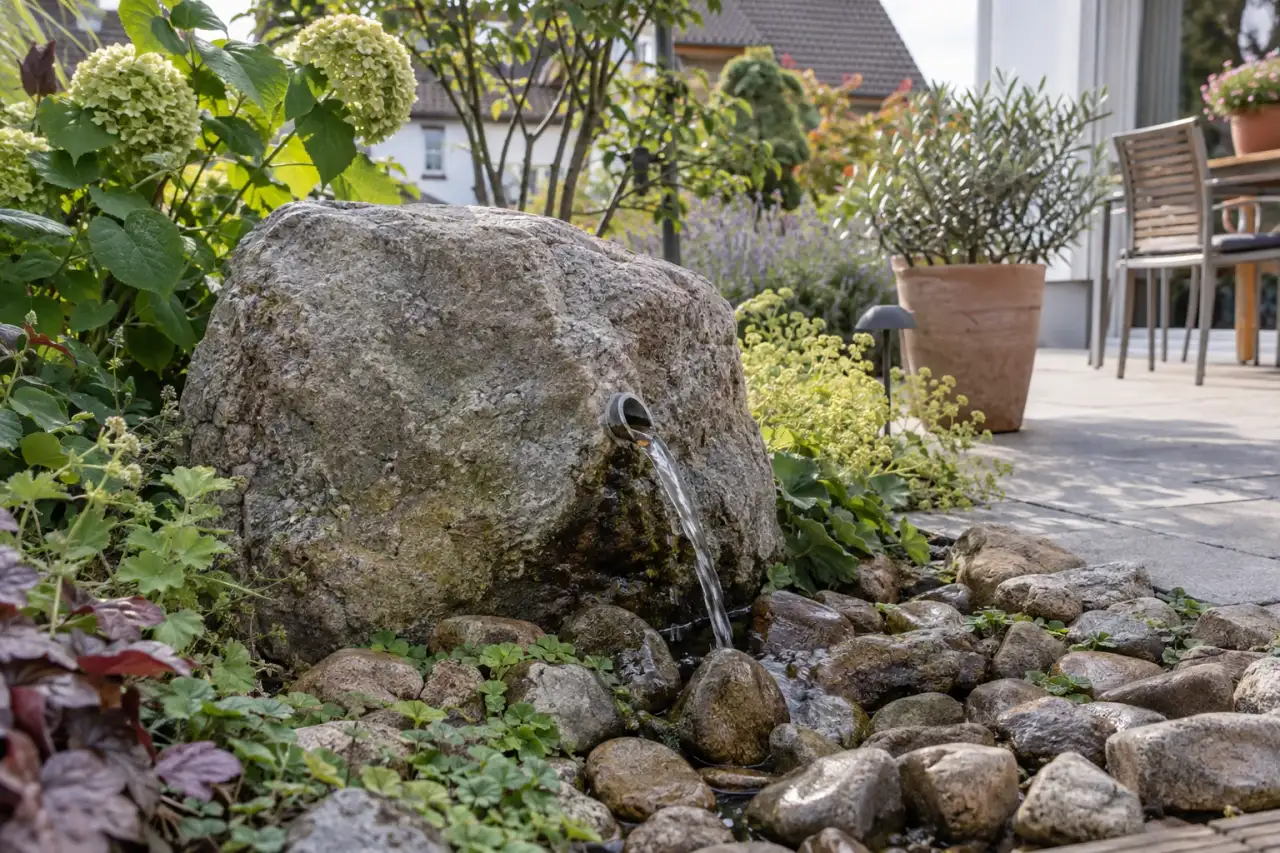 Grob behauener Naturstein mit Wasser im Beet.
